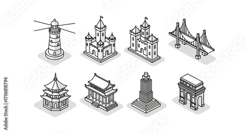 Isometric collection of global architectural landmark icons in a black and white outline vector style