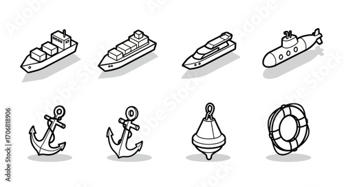 A collection of eight hand-drawn nautical icons featuring ships, a submarine, an anchor, and a lifebuoy