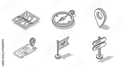 Isometric line art icons for navigation featuring a compass, map, route, and location pins