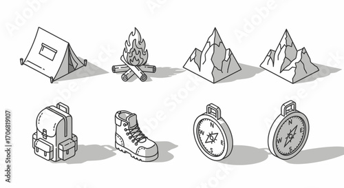 Set of isometric outdoor adventure icons with a tent, campfire, mountains, and hiking gear