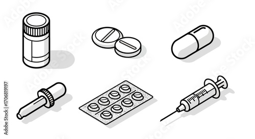 An isometric set of six medical line art icons including a pill bottle, tablets, capsule, and syringe