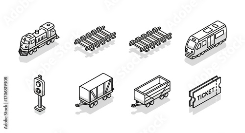 Isometric line art icon set of trains, railway tracks, wagons, signal, and ticket for transportation