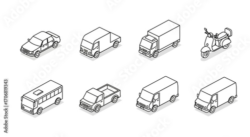 A set of eight transport vehicle icons presented in a clean black and white isometric outline