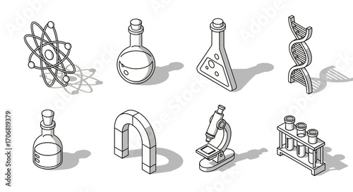 Isometric line art icons of science laboratory equipment and elements, essential for education and research