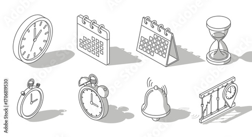 A set of isometric line art icons for time management, scheduling, and deadlines