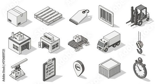 Set of isometric icons representing logistics, warehousing, and shipping services