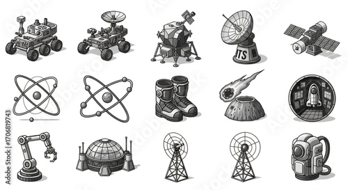 Collection of Space Exploration Icons Rovers, Satellite, Antenna, and Scientific Elements for Design