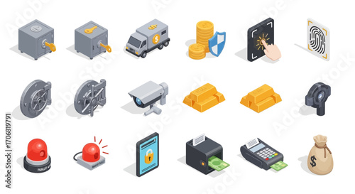 Collection of Isometric Financial and Security Icons for Banking and Protection