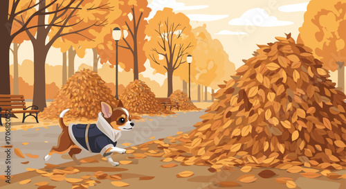 A dog vector illustration of a beagle running playfully through a pile of fallen leaves on a park path surrounded by trees with orange foliage. The scene captures a joyful moment