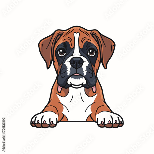 A cute brown and white boxer dog vector illustration with a playful expression lying down on a white background looking directly at the viewer with its tongue out in a friendly