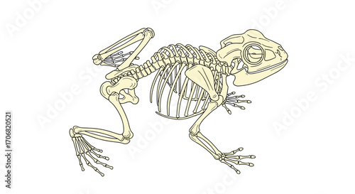 A detailed illustration of a frog skeleton showing its skeletal structure and anatomy.
