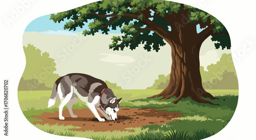 A dog vector illustration of a husky digging a hole under a tree in a green field with a blue sky background. The scene depicts a dog in an outdoor setting with a large tree and