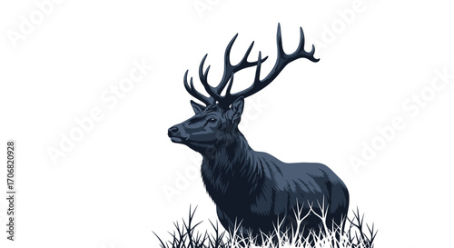 Majestic wild stag standing proudly in a field of tall grass under a clear sky.