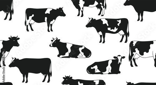 A pattern of black and white dairy cows shown in silhouette form over a white background.