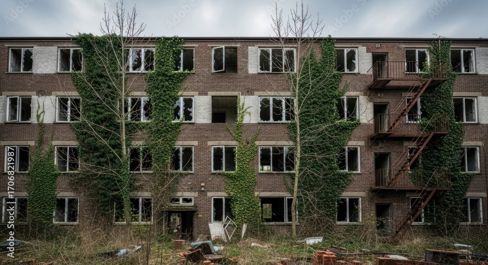 Naklejka premium Abandoned multi-story brick building with broken software, overgrown ivy, and a rusty fire escape under a grey sky, depicting and nature reclaiming.