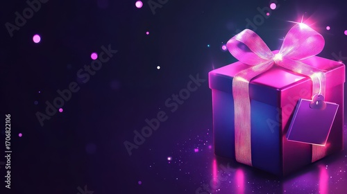 A vibrant pink gift box with a ribbon and tag on a dark background with light effects and bokeh
