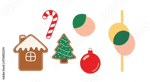 A collection of festive gingerbread cookies and candy decorations for the holiday season.