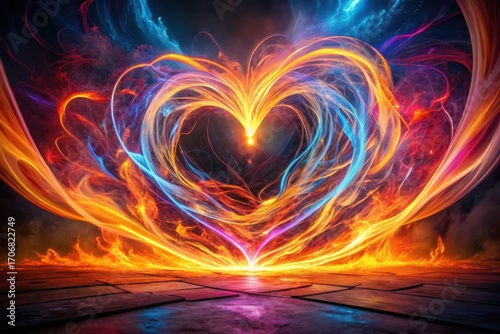 Fiery Heart An Abstract Composition of Vivid Energy and Light Swirling into a Heart Shape Above a Dark Ground Plane