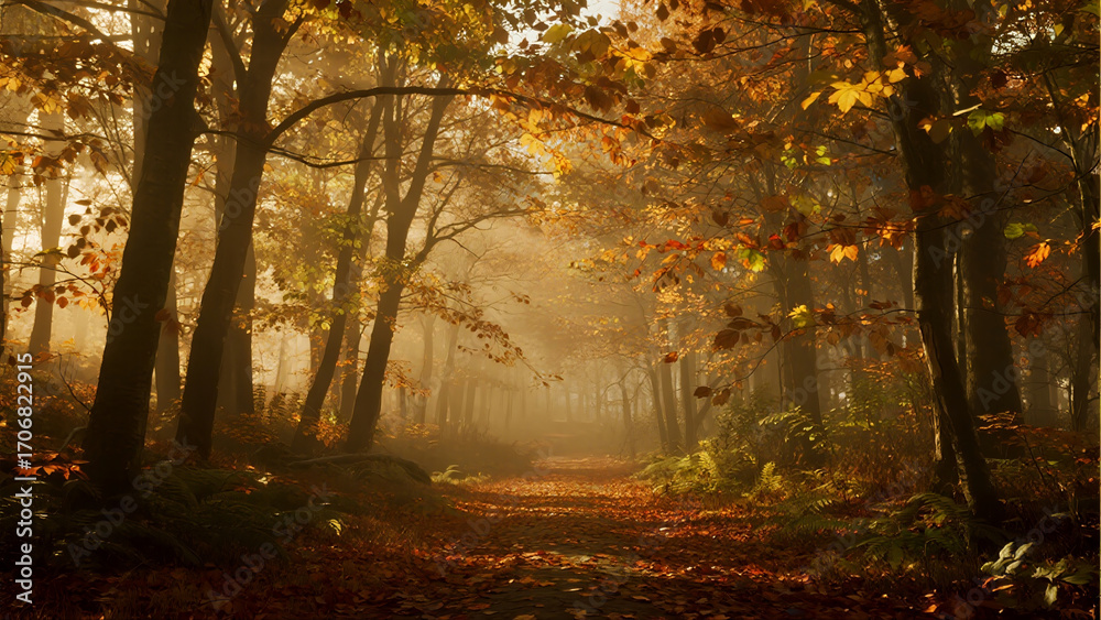 Obraz premium Golden Autumnal Light Illuminating Forest Path with Colorful Leaves Scenery