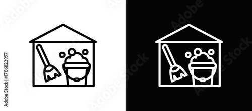 House Cleaning Icon In Black And White Filled Style