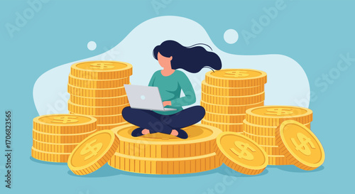 A woman sitting on a stack of coins while working on a laptop generating income online.