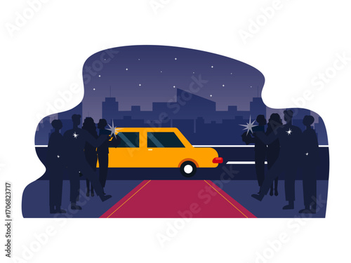 Yellow luxury limousine on the red carpet, glamour celebration of superstars at an exclusive award show. Hollywood illustration. Flat vector illustration.