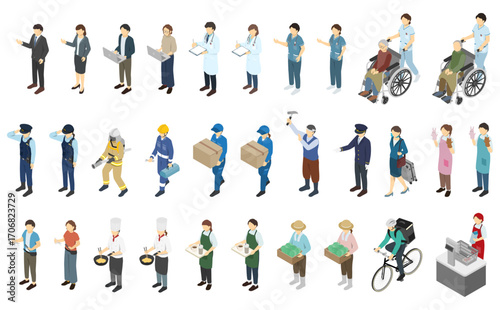 アイソメトリックイラスト：いろいろな職業
