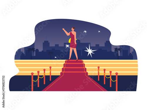 Celebrity women sexy red dresses walk the red carpet stairs with paparazzi and reporters taking pictures at a ceremony. Hollywood illustration. Flat vector illustration.