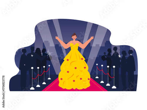 Hollywood celebrity wearing a luxurious yellow dress with flowers walking on the red carpet. Hollywood illustration. Flat vector illustration.