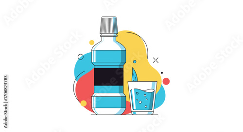 A refreshing mouthwash bottle with a glass of water on a colorful background.