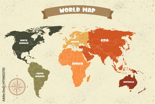 Vintage World Map Illustration with Retro Design Elements
