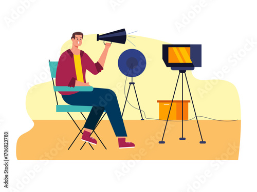 Film producer with loudspeaker on set. Hollywood illustration. Flat vector illustration.