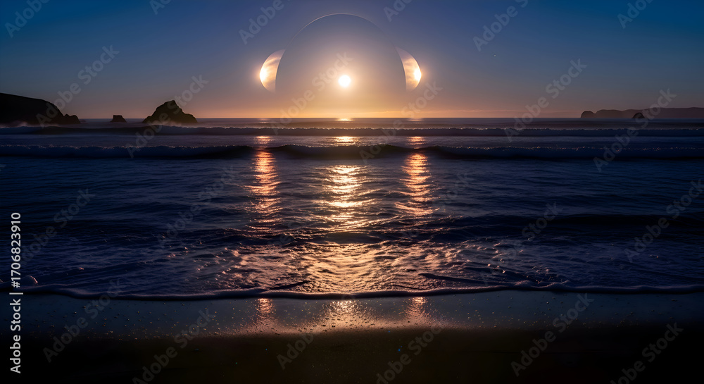 Fototapeta premium Surreal Beach Sunset with Three Suns