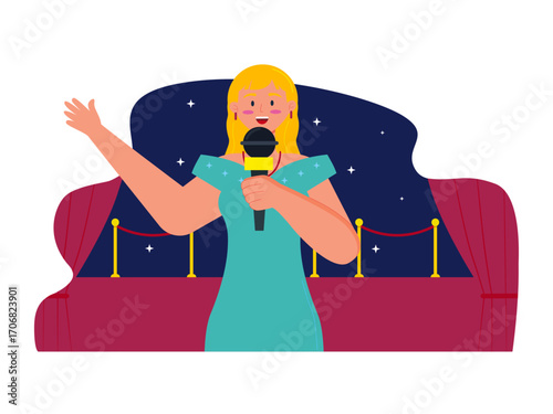 Attractive smiling female journalist with microphone talking to digital video camera. Hollywood illustration. Flat vector illustration.