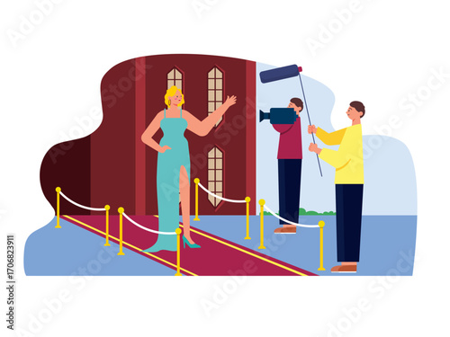 Female actress being interviewed by a reporter. Hollywood illustration. Flat vector illustration.