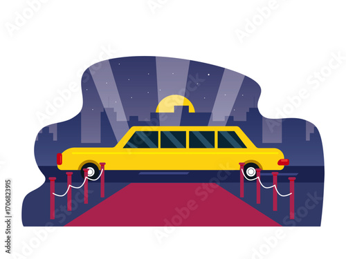 Yellow luxury limousine car at the premiere celebrity red carpet at night with a cityscape. Hollywood illustration. Flat vector illustration.