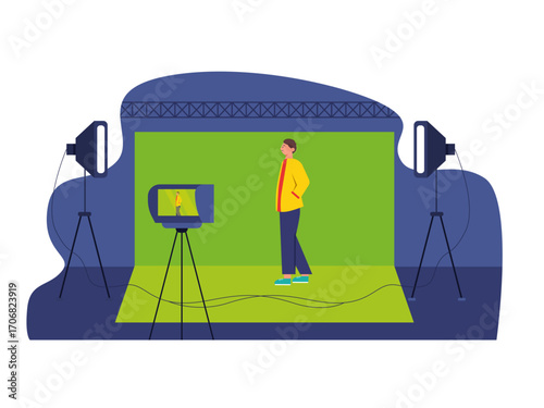 Male actor shooting using a green screen. Hollywood illustration. Flat vector illustration.