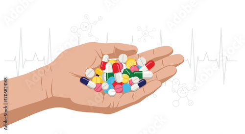 A hand holding many different colorful pills and capsules with medical symbols in the background.