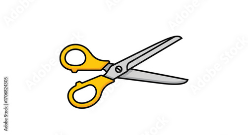 A cartoon illustration of open golden scissors with yellow handles.
