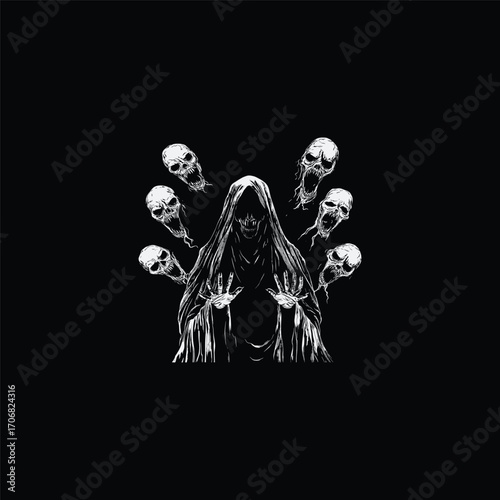 Intense dark art illustration of a figure in distress or rage, arms raised, with six screaming skulls orbiting her head, emanating a blinding light