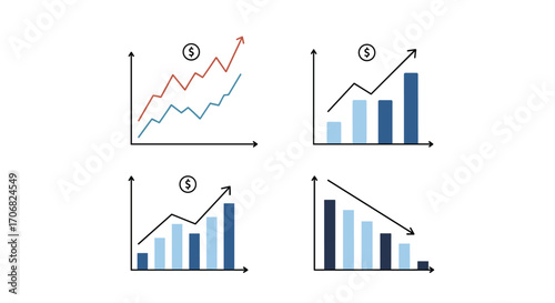 Illustrations of various business charts and graphs showing financial trends over time.