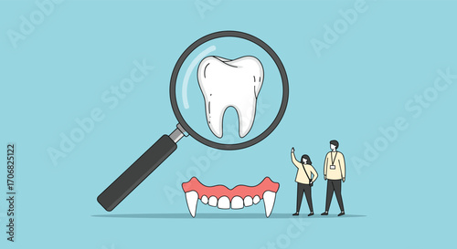Analyzing dental health with magnified tooth and small people examining dentures. 