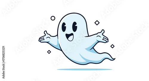 A happy cartoon ghost with big eyes and an open mouth floats through the air with its arms outstretched.
