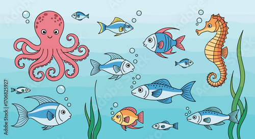 A colorful collection of marine life swimming in the ocean. .