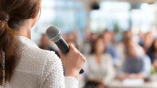 Back view of adult woman speaking into microphone at business conference