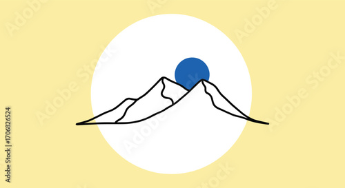 A minimalist illustration of a sun rising over snow-capped mountains within a white circle on a pale yellow background.