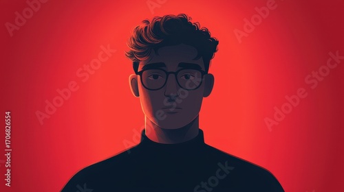 A digital illustration of a young man with curly hair and glasses, set against a striking red background, conveying a sense of introspection.