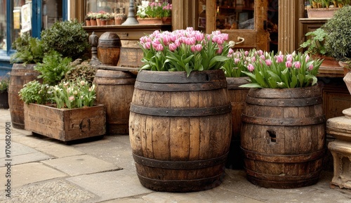 Wallpaper Mural Wooden Barrels Used as Outdoor Flower Pots Torontodigital.ca