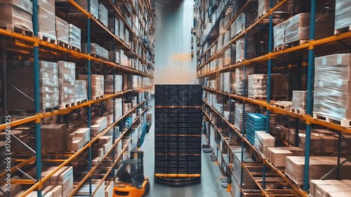 High-angle view of a vast warehouse interior, filled with numerous metal shelves stacked high with various boxes and cargo, with a forklift moving through the aisles