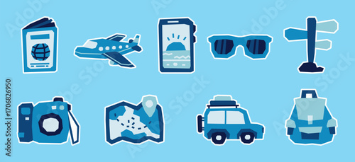 Solid Blue Color Tone Traveling Theme Sticker Collection in a Cutout and Flat Design
